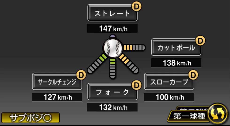 山野 太一の球種（ゲーム内の画面）