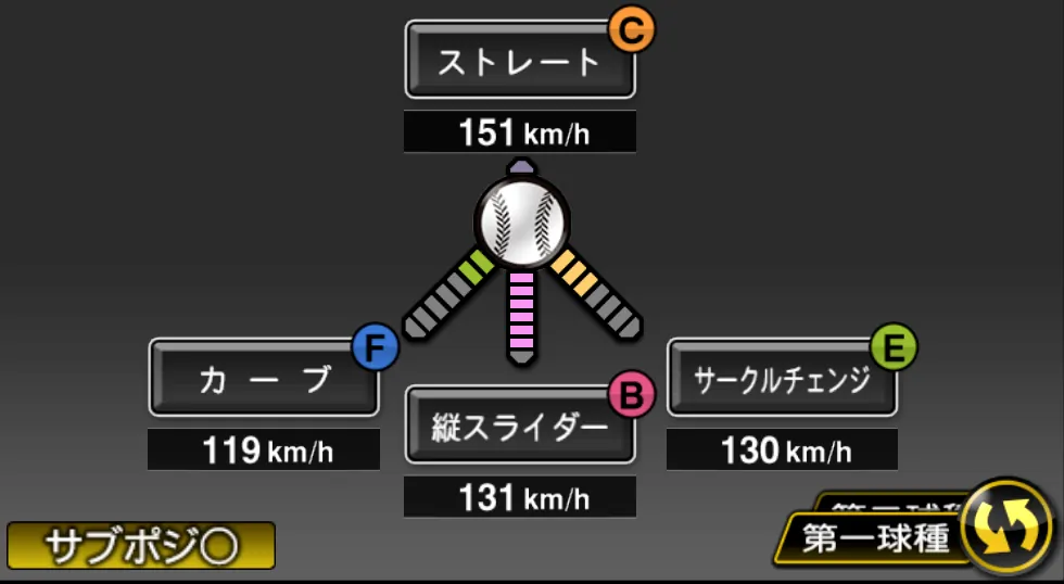 ロマンの球種（ゲーム内の画面）