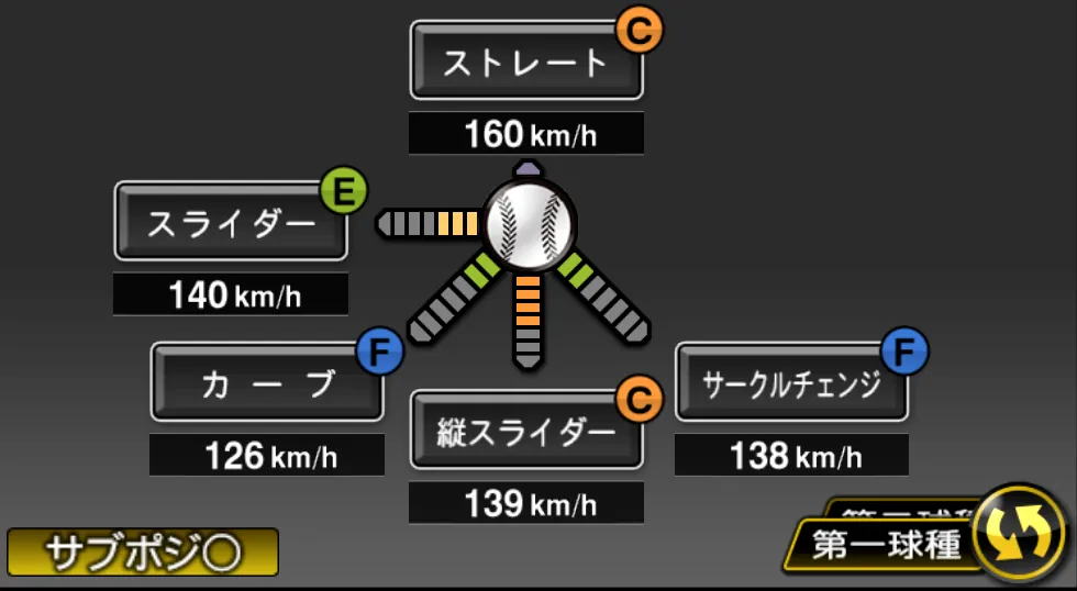 中村 優斗の球種（ゲーム内の画面）