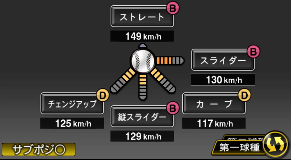 田口 麗斗の球種（ゲーム内の画面）