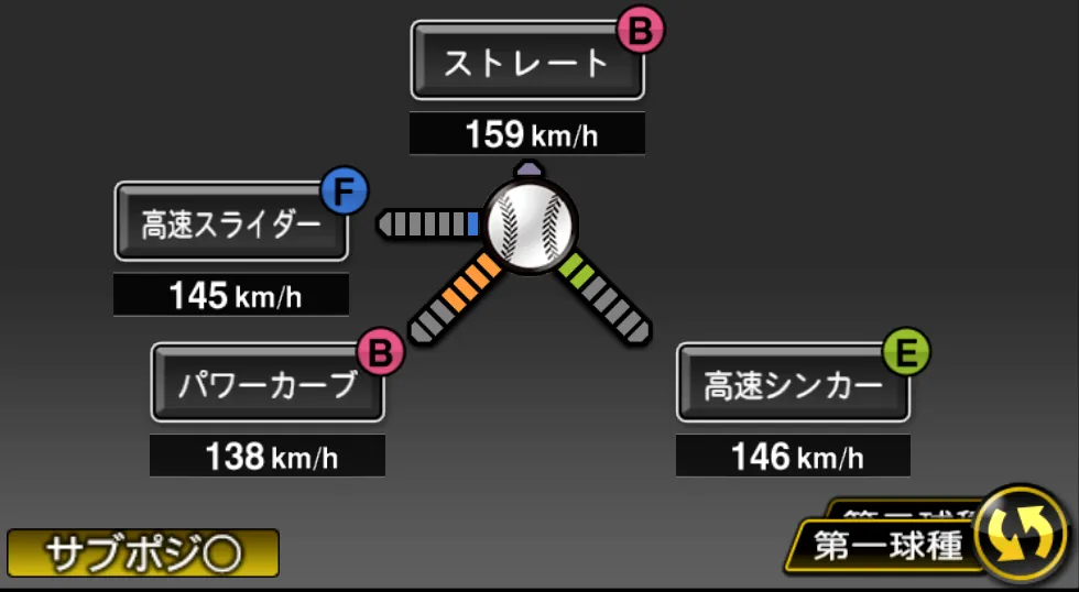 バウマンの球種(ゲーム内の画面)