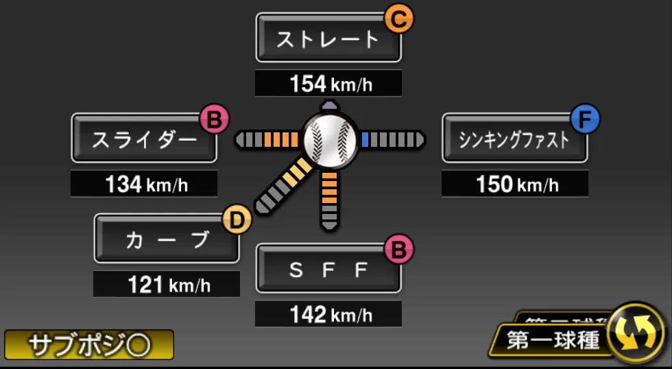 吉村 貢司郎の球種（ゲーム内の画面）