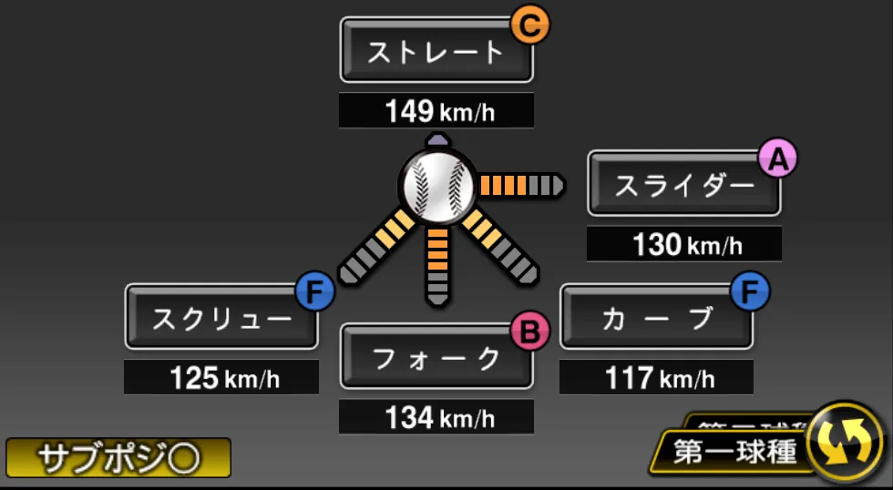山本 大貴の球種（ゲーム内の画面）