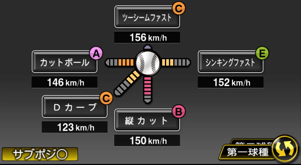 木澤 尚文の球種（ゲーム内の画面）