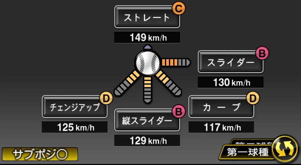 田口 麗斗の球種（ゲーム内の画面）