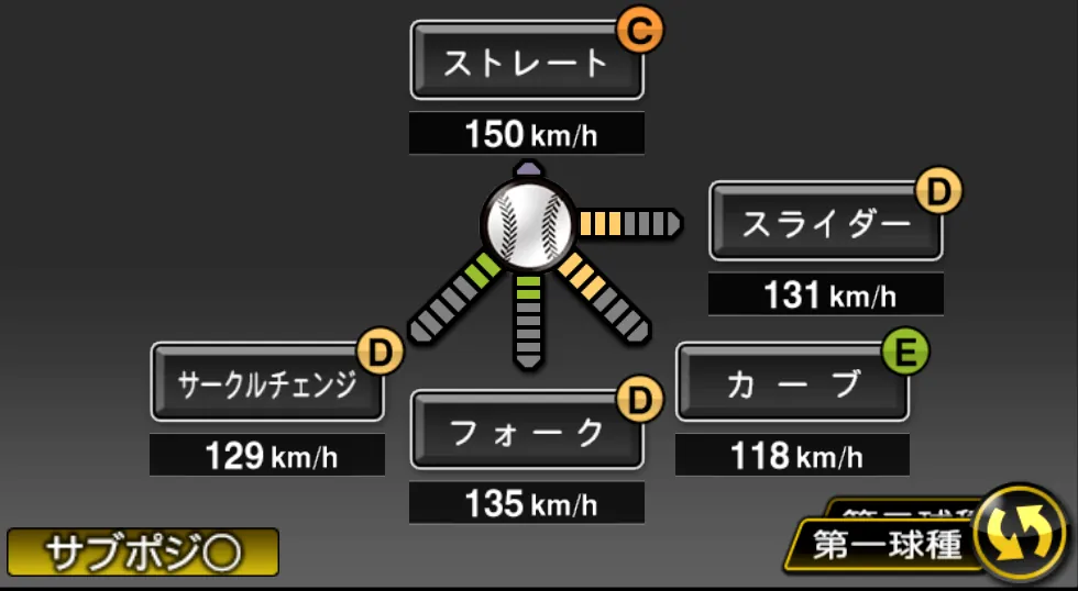 山野 太一の球種(ゲーム内の画面)