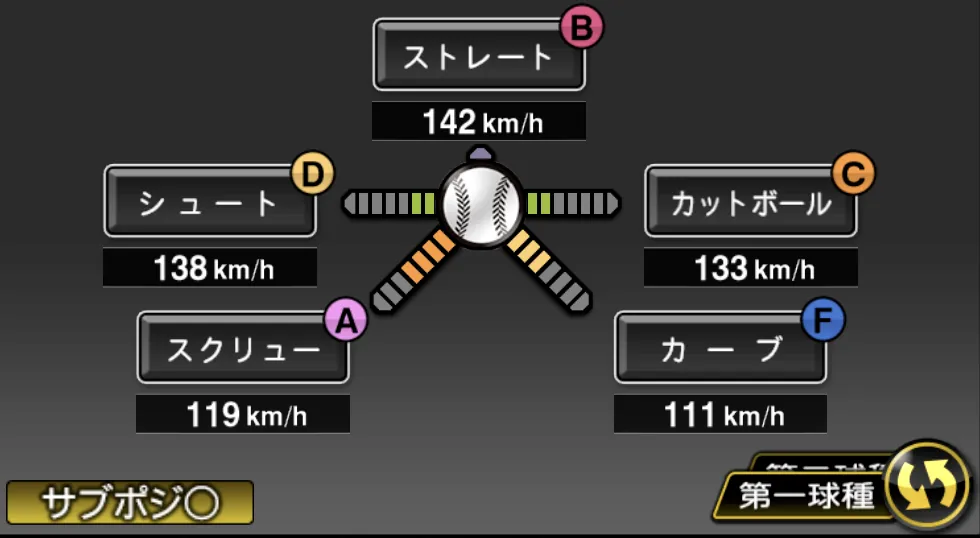 石川 雅規の球種（ゲーム内の画面）