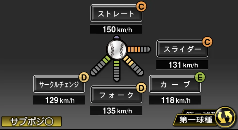 山野 太一の球種（ゲーム内の画面）