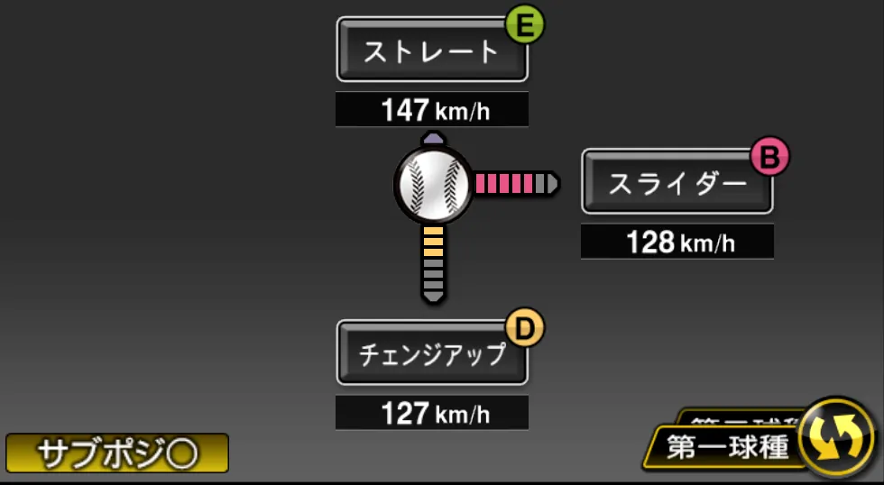 能見 篤史の球種（ゲーム内の画面）