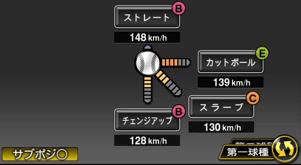 岩貞 祐太の球種（ゲーム内の画面）