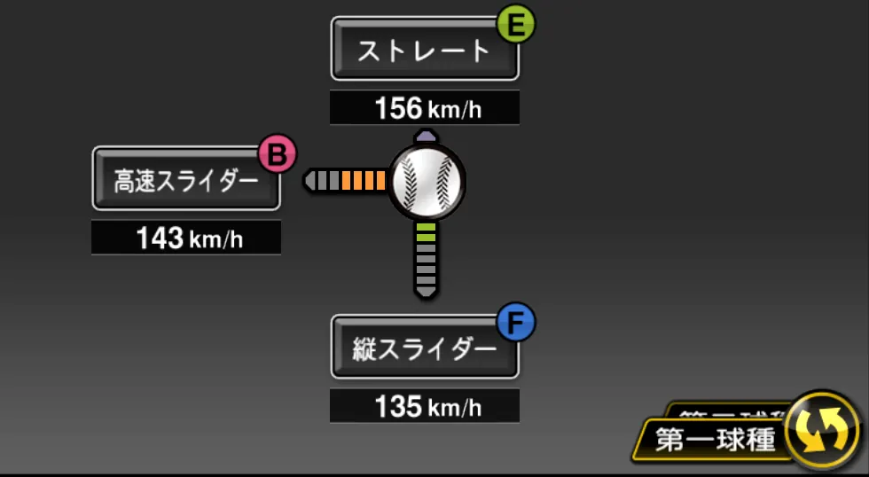 マテオの球種（ゲーム内の画面）