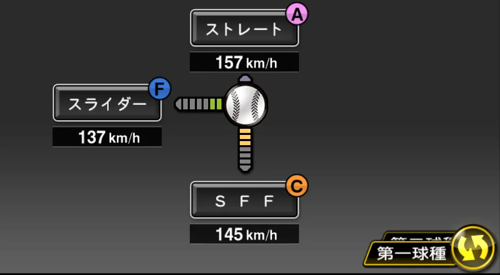 ドリスの球種（ゲーム内の画面）