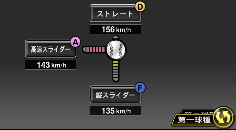 マテオの球種（ゲーム内の画面）