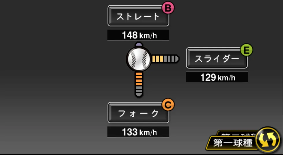 高橋 聡文の球種（ゲーム内の画面）