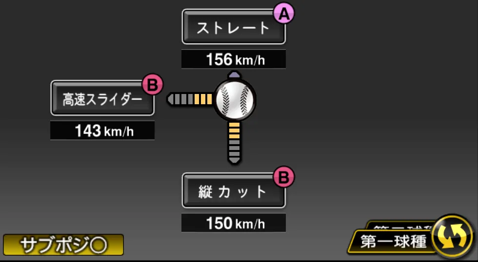 久保田 智之の球種（ゲーム内の画面）