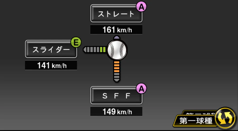 ドリスの球種（ゲーム内の画面）