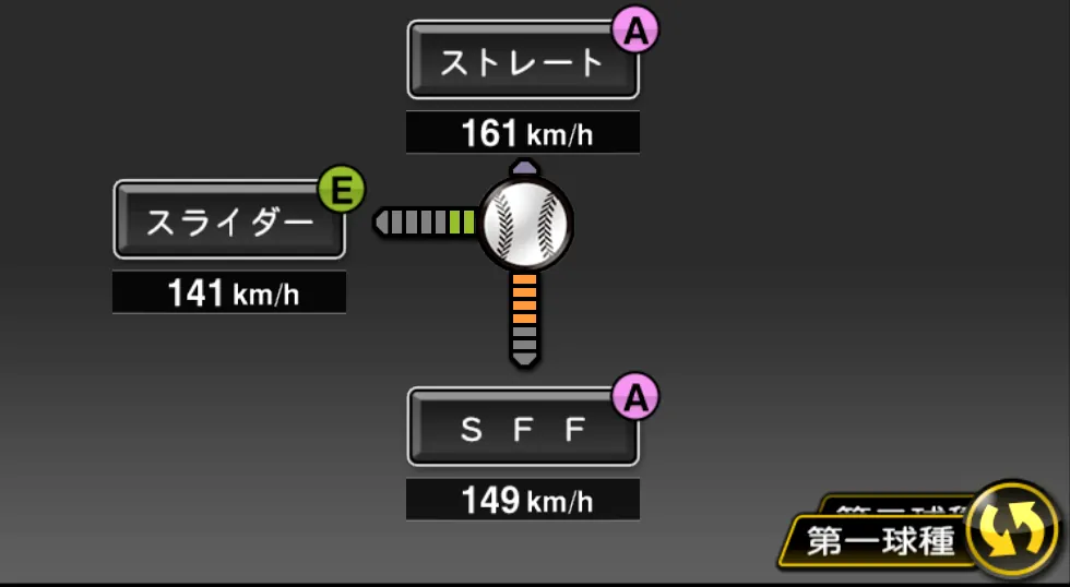 ドリスの球種（ゲーム内の画面）