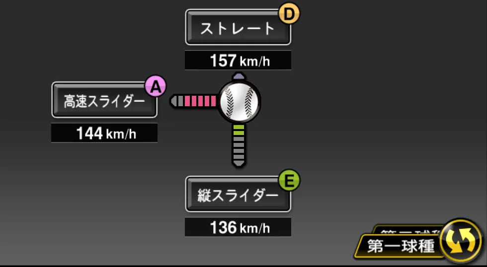 マテオの球種（ゲーム内の画面）