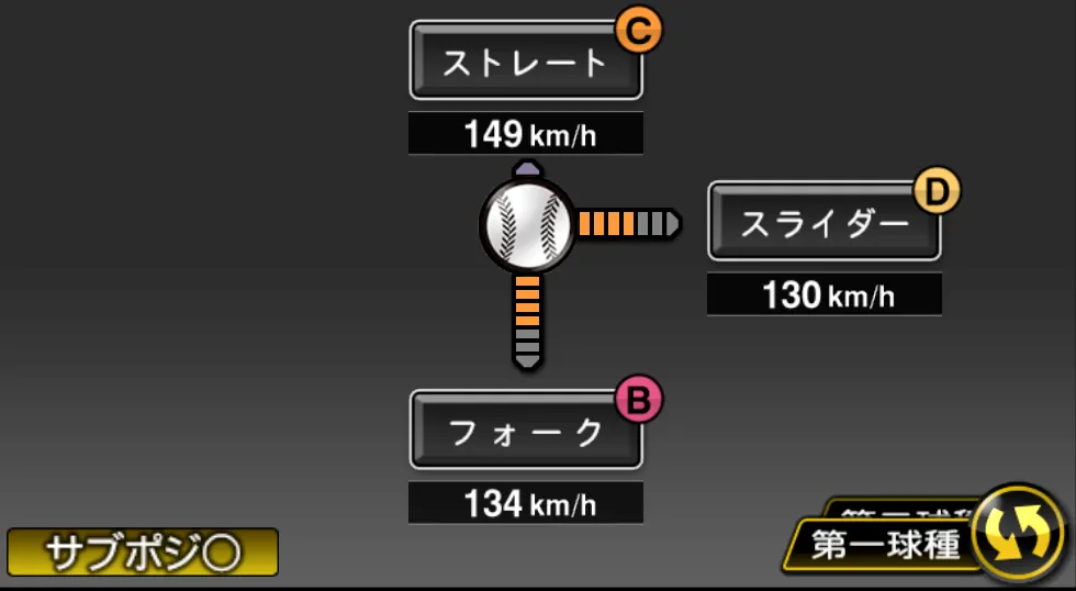 能見 篤史の球種（ゲーム内の画面）