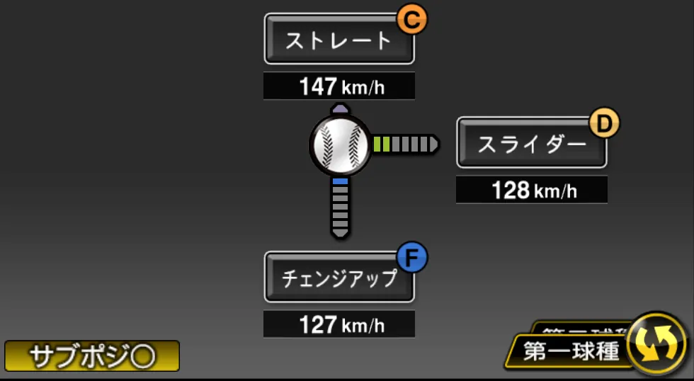 髙橋 遥人の球種（ゲーム内の画面）
