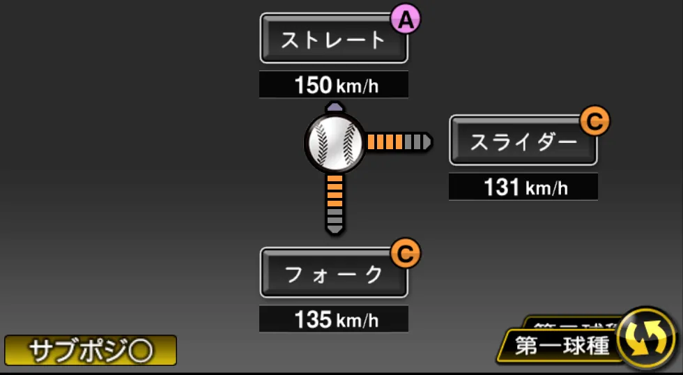 能見 篤史の球種（ゲーム内の画面）