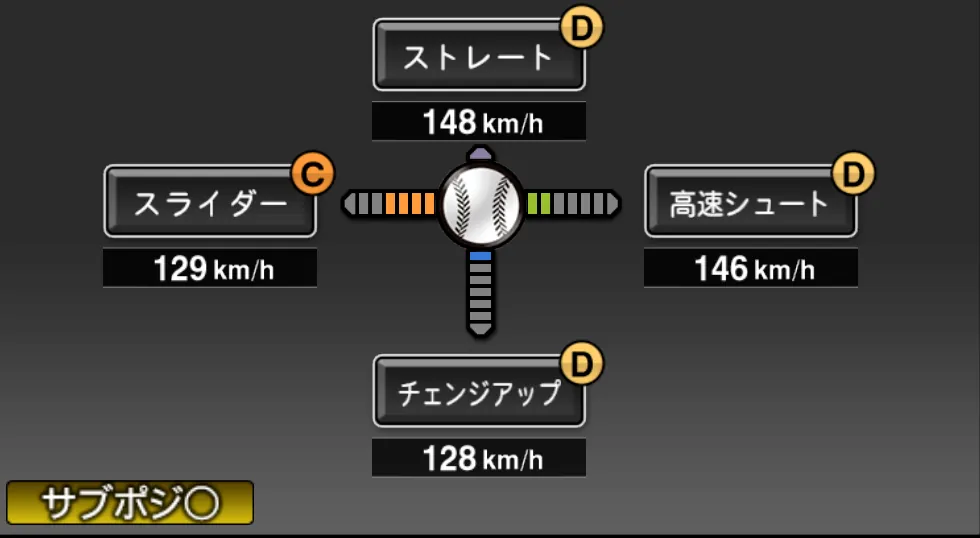 青柳 晃洋の球種（ゲーム内の画面）
