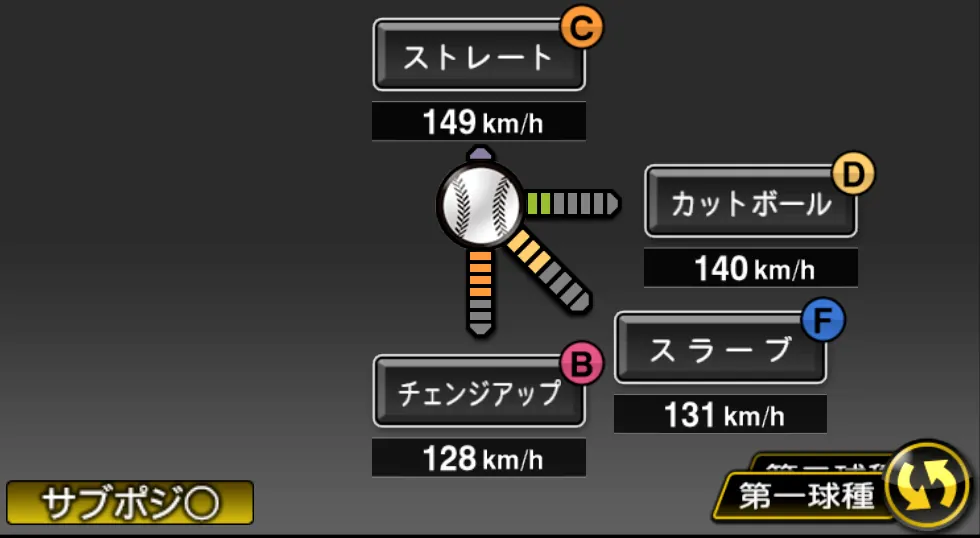 岩貞 祐太の球種（ゲーム内の画面）