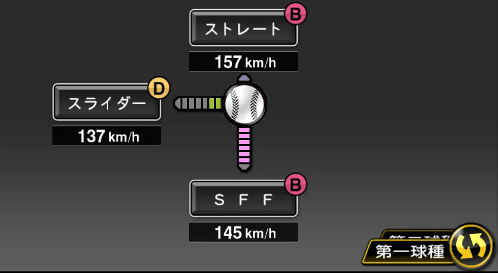 ドリスの球種（ゲーム内の画面）