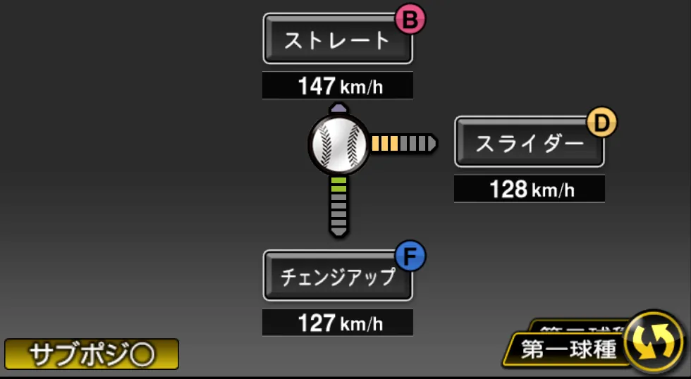 髙橋 遥人の球種(ゲーム内の画面)