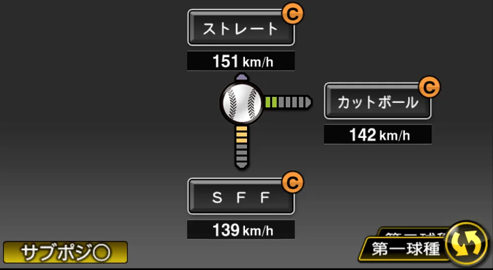 髙橋 遥人の球種（ゲーム内の画面）