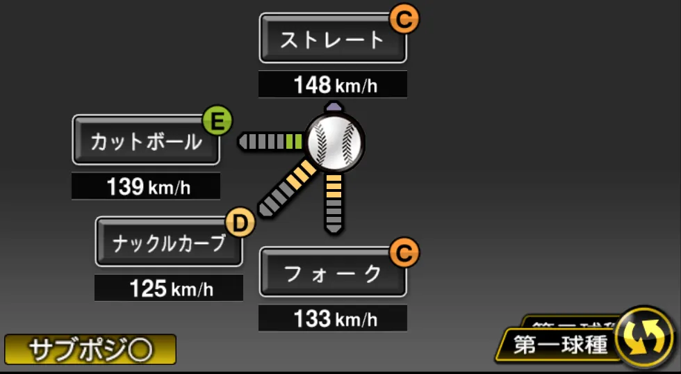 秋山 拓巳の球種（ゲーム内の画面）