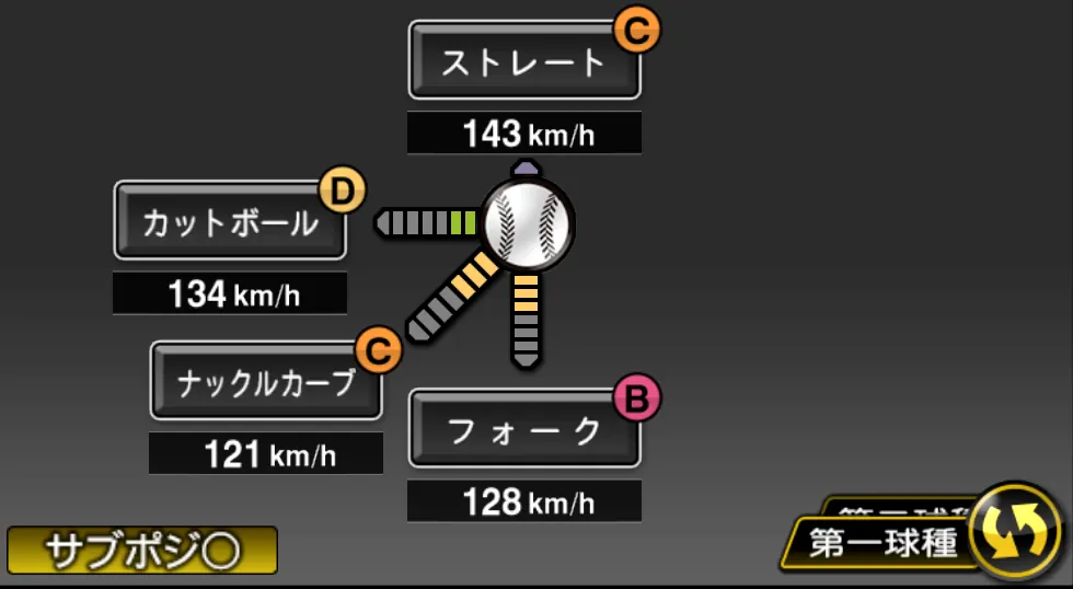 秋山 拓巳の球種（ゲーム内の画面）
