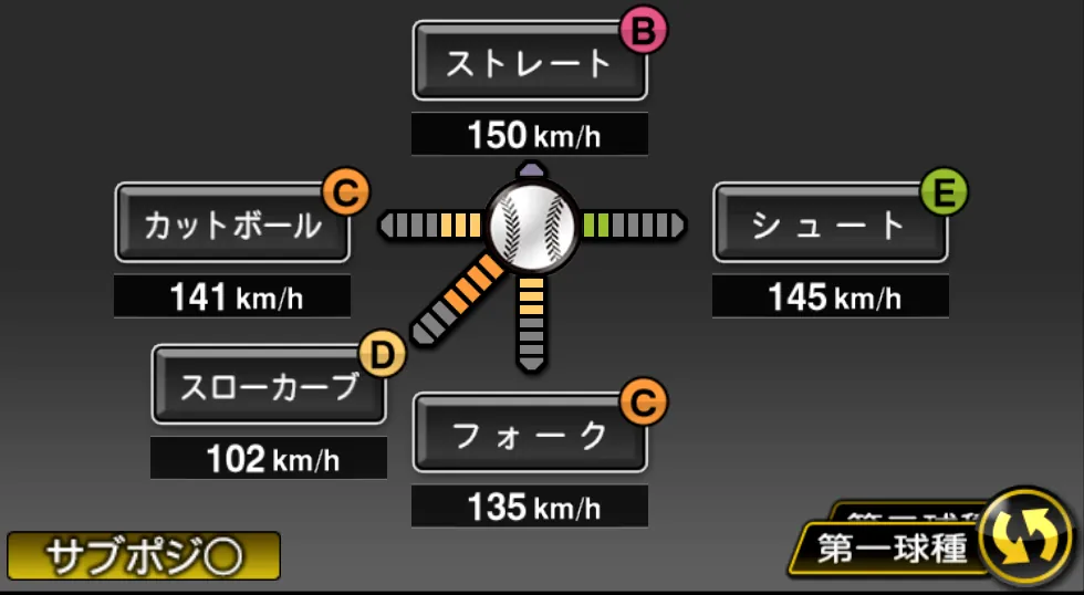 福原 忍の球種（ゲーム内の画面）