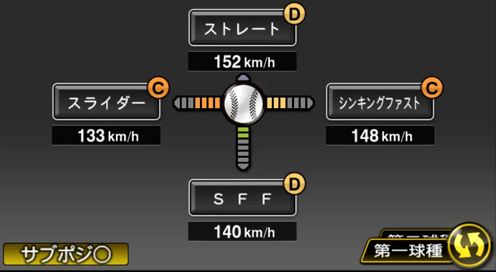ガンケルの球種（ゲーム内の画面）
