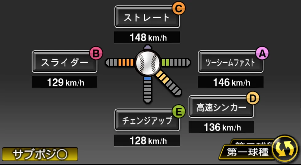 青柳 晃洋の球種（ゲーム内の画面）