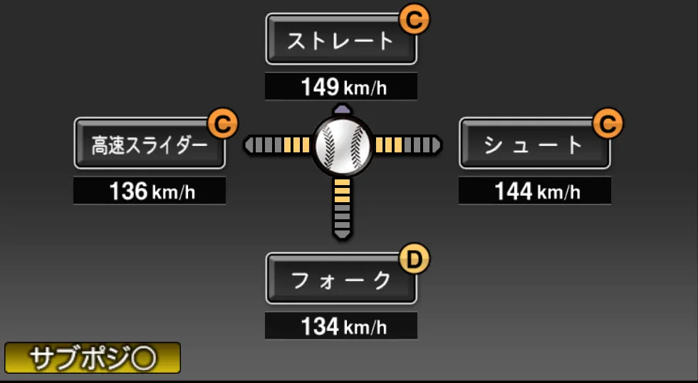藪 恵市の球種（ゲーム内の画面）