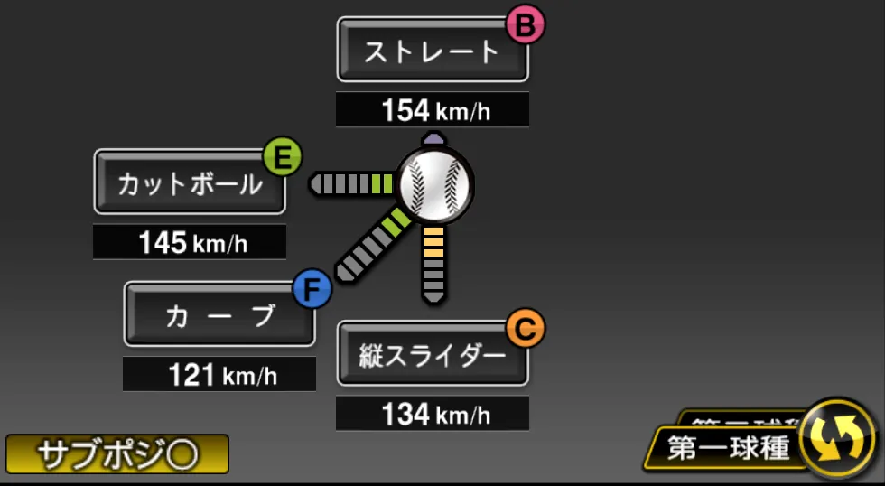 湯浅 京己の球種（ゲーム内の画面）