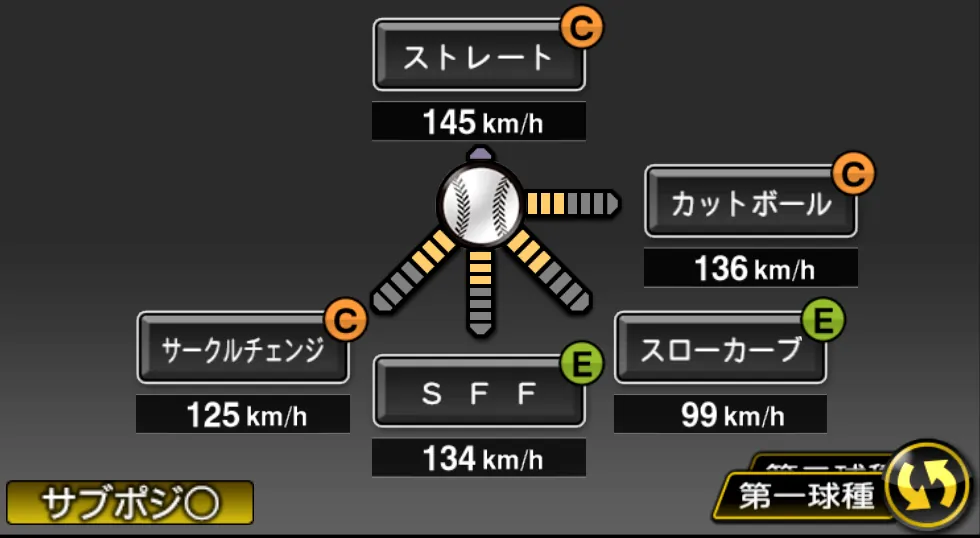 伊藤 将司の球種（ゲーム内の画面）