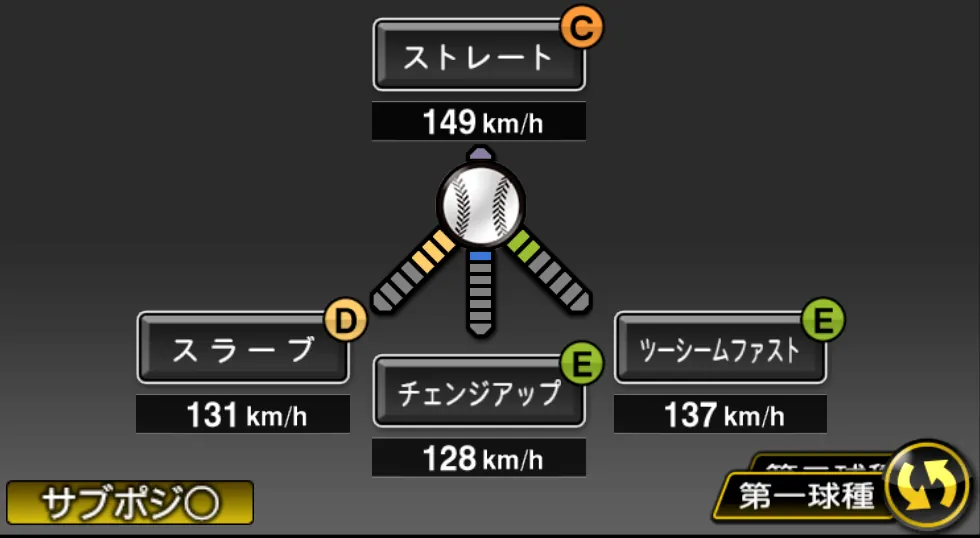 村上 頌樹の球種（ゲーム内の画面）
