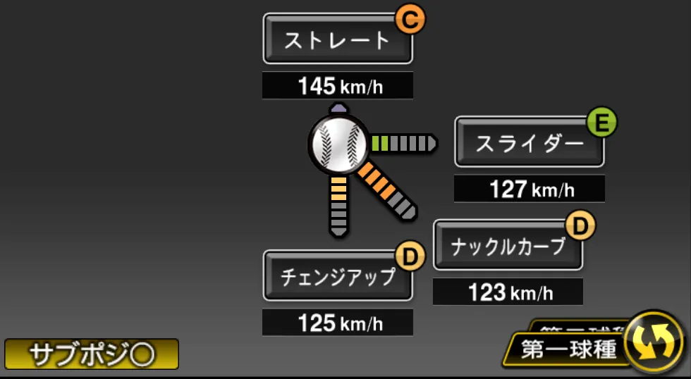 富田 蓮の球種（ゲーム内の画面）