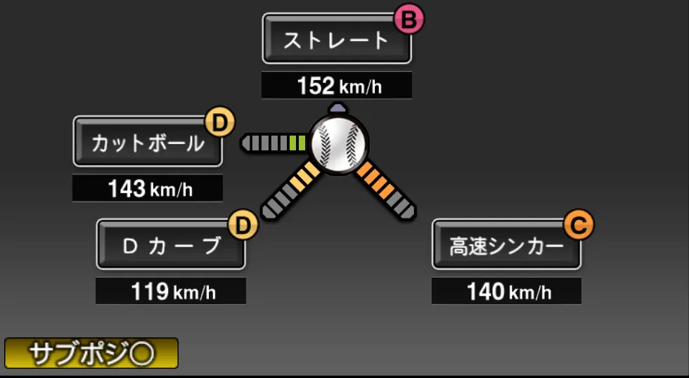 石井 大智の球種（ゲーム内の画面）