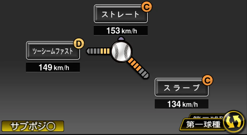 及川 雅貴の球種(ゲーム内の画面)