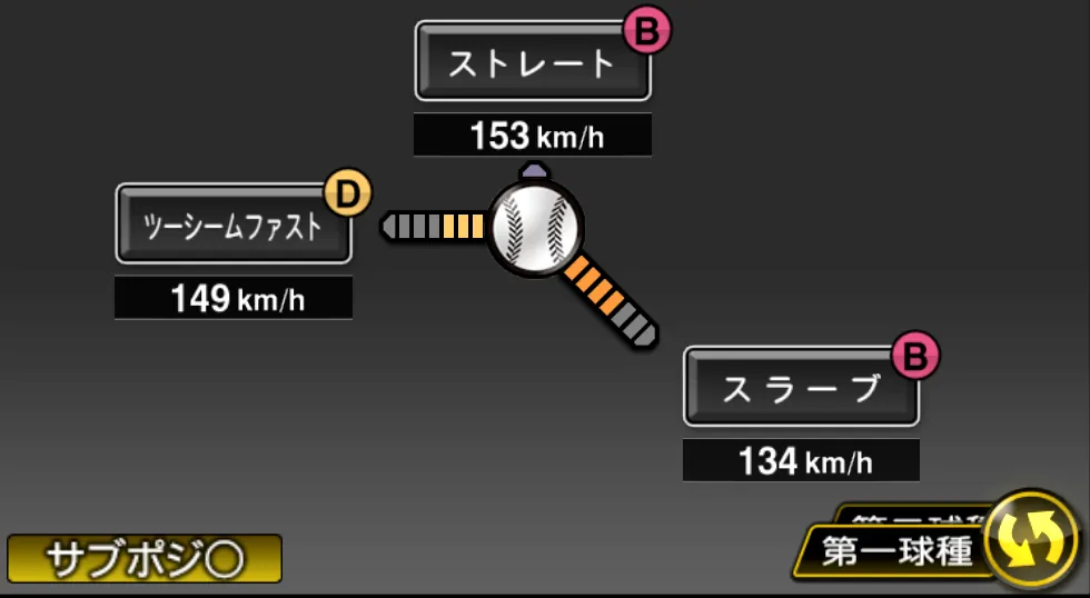 及川 雅貴の球種（ゲーム内の画面）