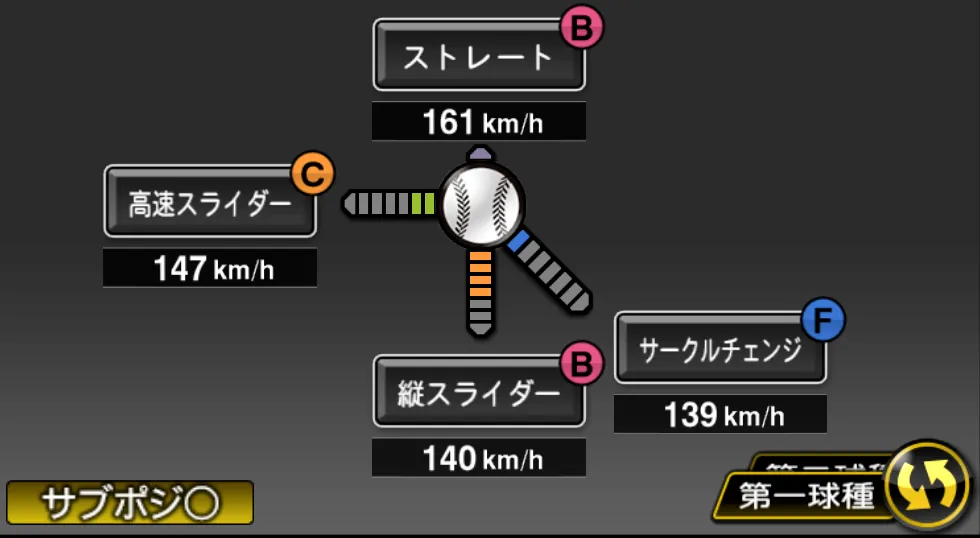 ゲラの球種(ゲーム内の画面)