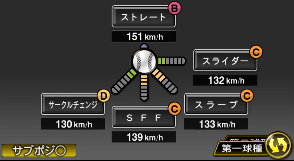 桐敷 拓馬の球種（ゲーム内の画面）