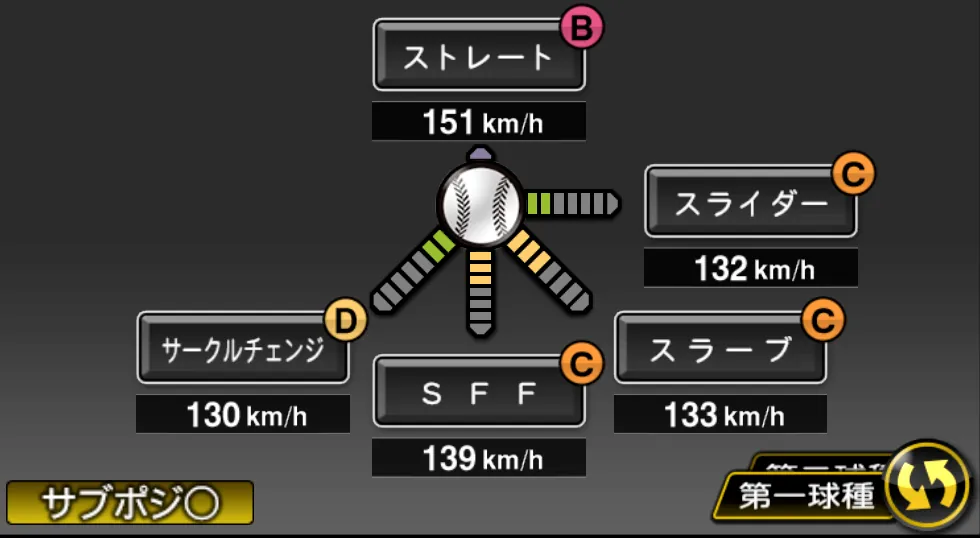 桐敷 拓馬の球種（ゲーム内の画面）