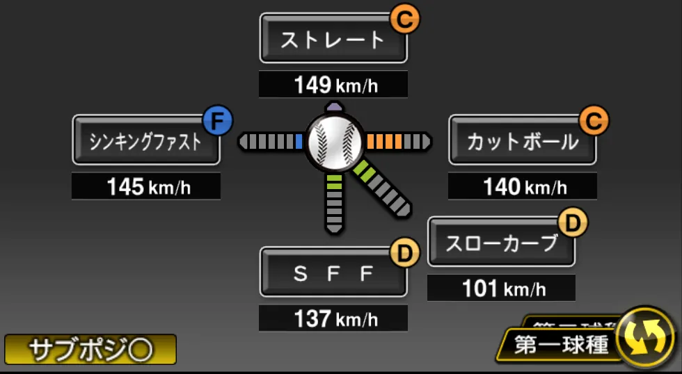 伊原 陵人の球種（ゲーム内の画面）