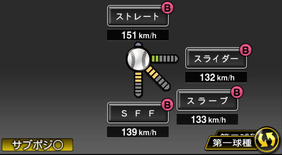 桐敷 拓馬の球種（ゲーム内の画面）