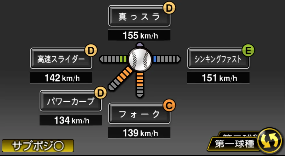 湯浅 京己の球種（ゲーム内の画面）