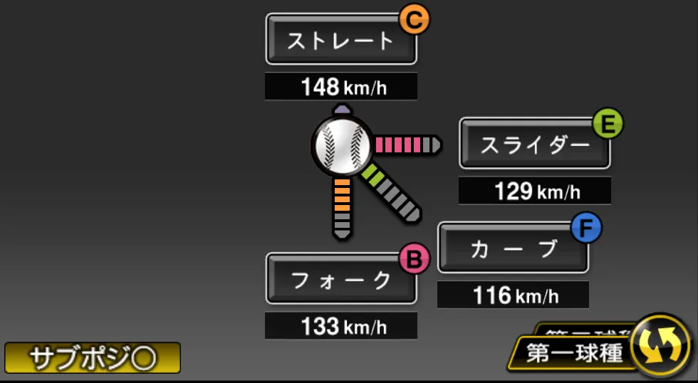 能見 篤史の球種（ゲーム内の画面）